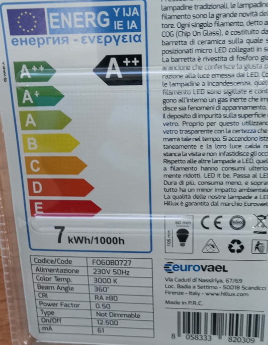 LAMPADA LED A60 7W CLASSE ENERGETICA A++ ATTACCO E27