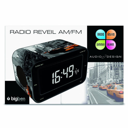 Radio Sveglia con radio AM/FM, Display LCD, Motivo New York, colore Nero, Bigben Interactive