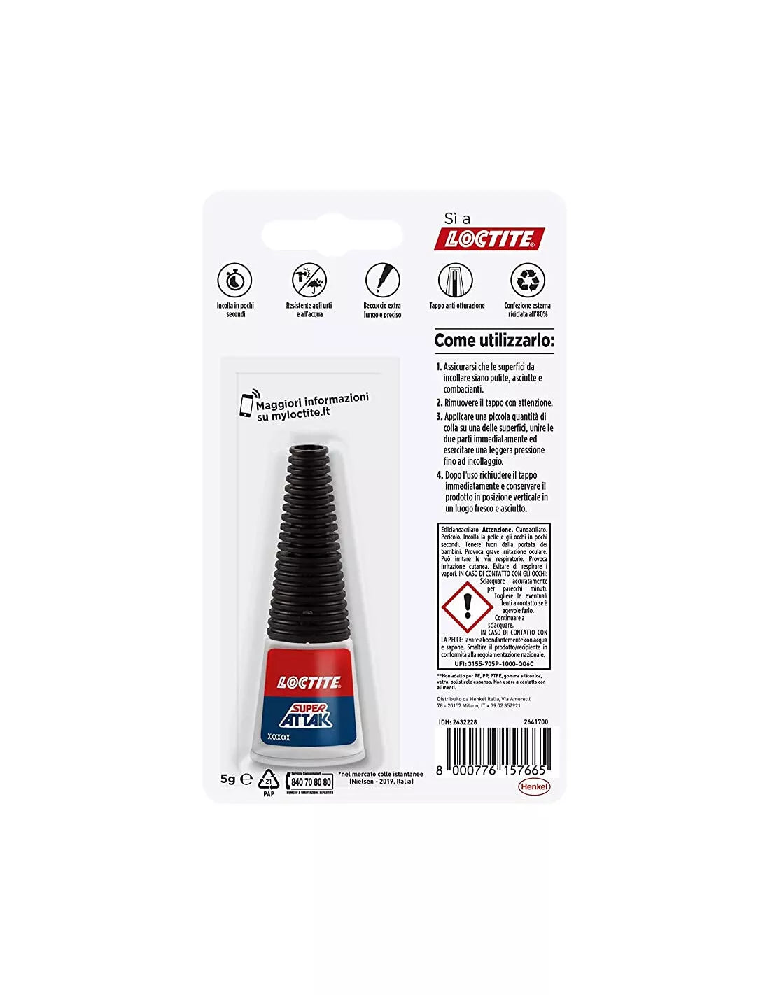 LOCTITE Collante istantaneo universale SUPER ATTAK Trasparente Tubetto da 5 gr